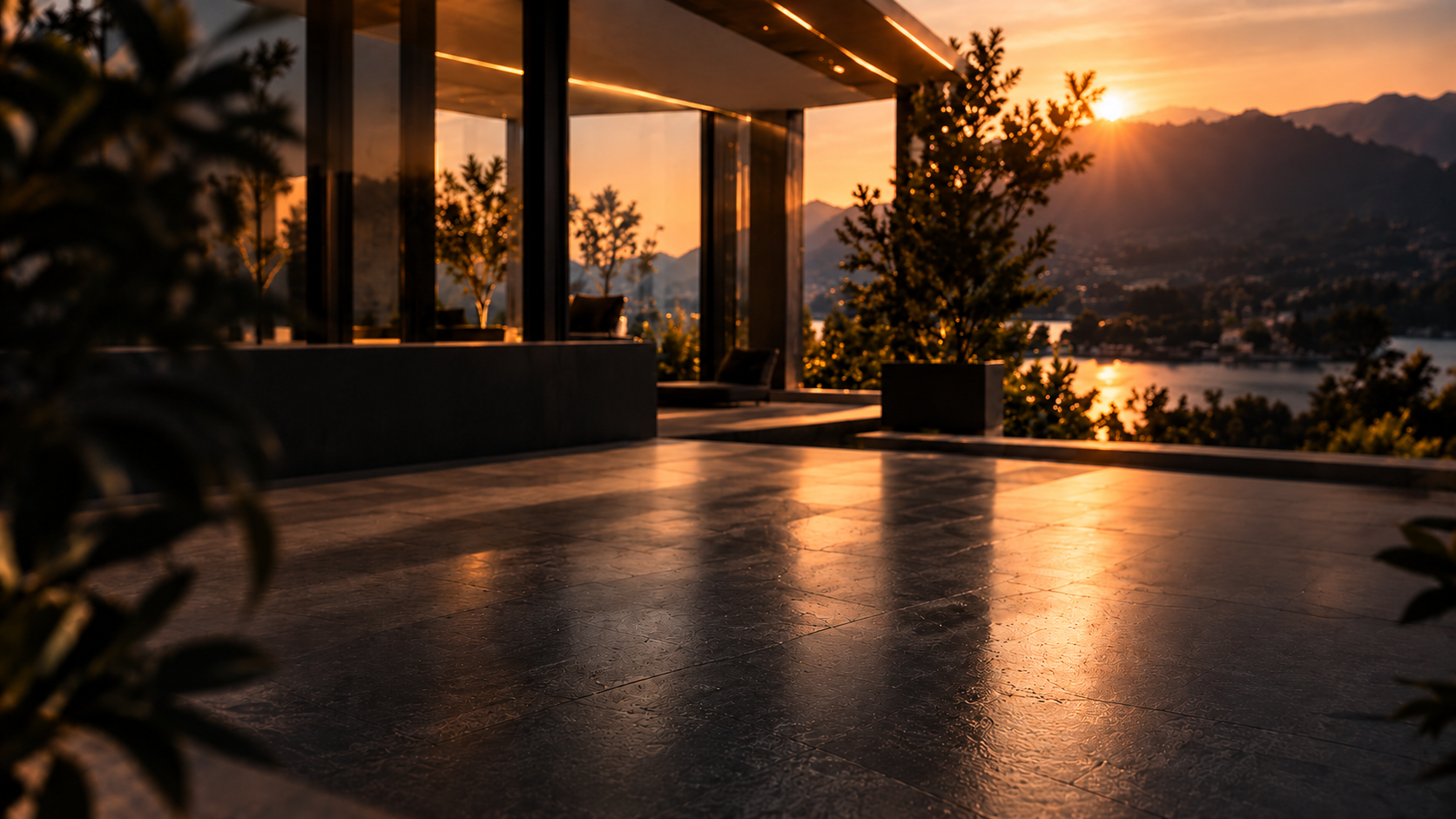 Terraço contemporâneo ao pôr do sol, com esquadrias de vidro e vista para as montanhas